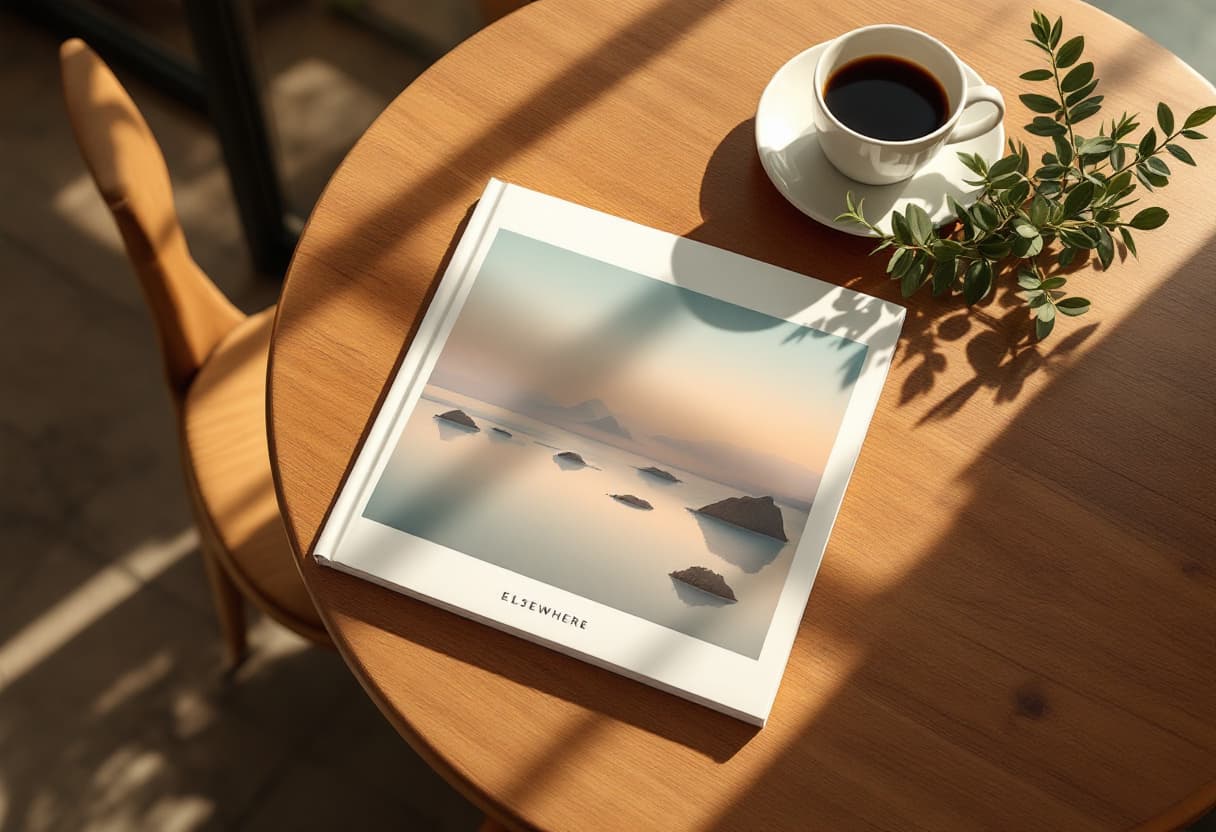 The ELSEWHERE magazine resting on a café table beside a coffee, warm morning light