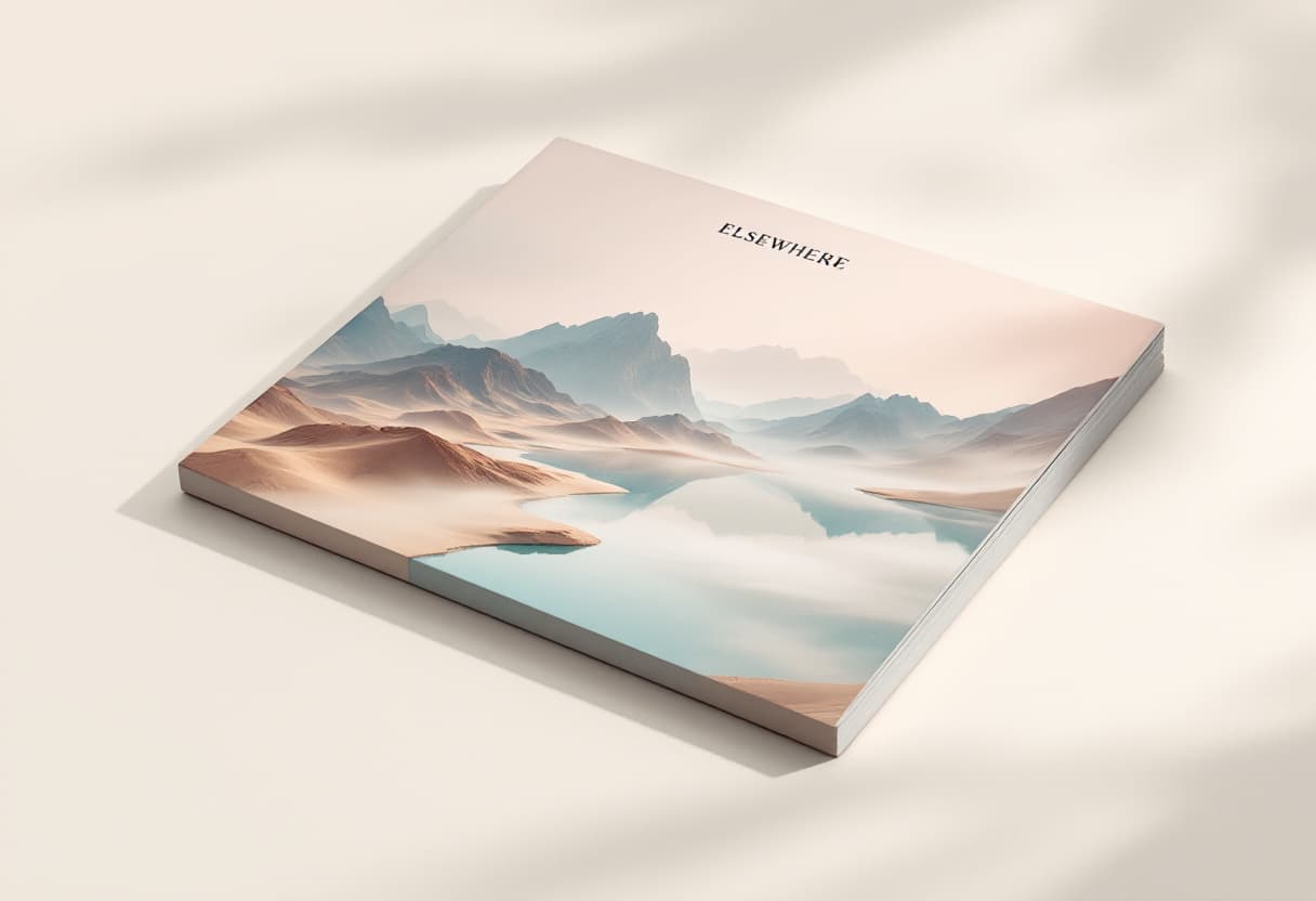 The ELSEWHERE magazine, landscape softcover, cover showing a serene imagined desert-and-cosmos world