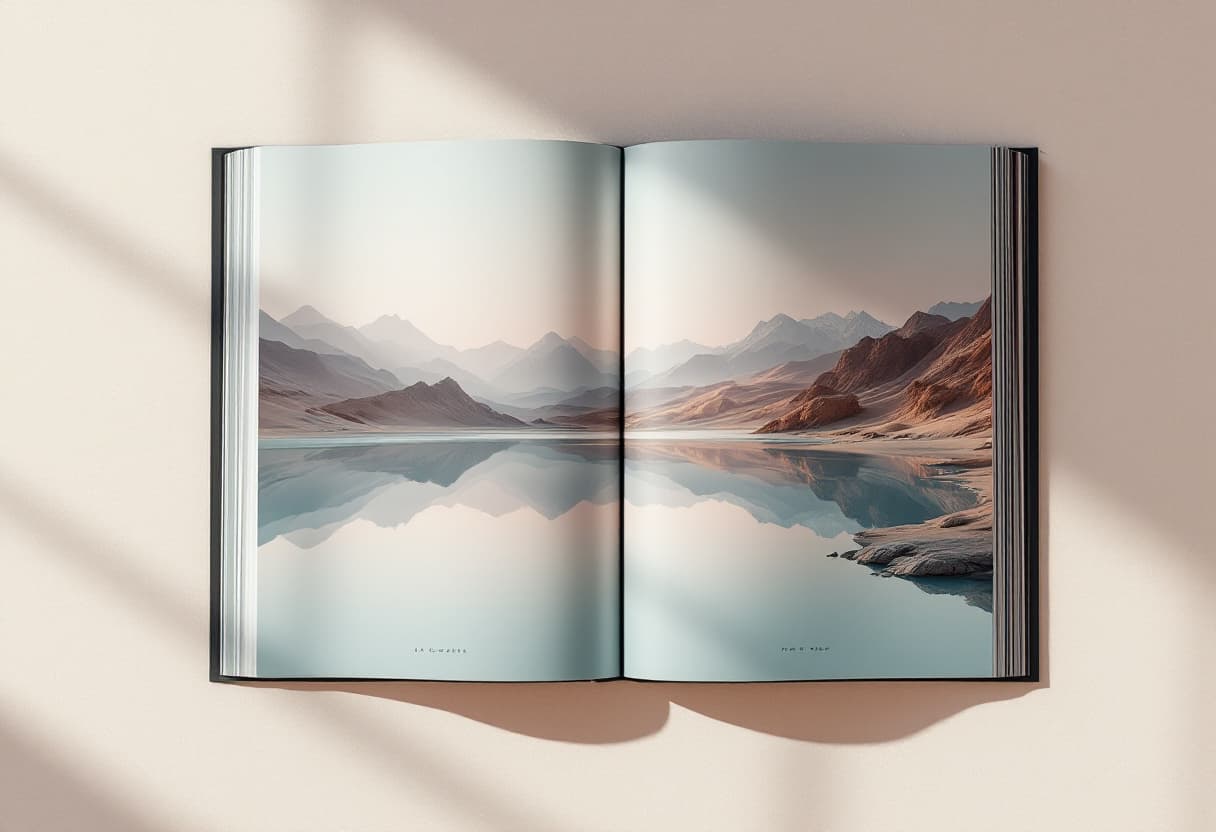 An ELSEWHERE spread resolving from digital noise into a printed serene mirror-lake dreamscape