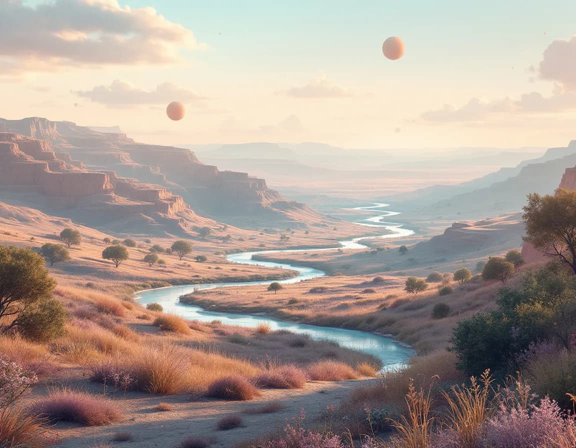 A world from ELSEWHERE — an imagined, terraformed landscape rendered for print